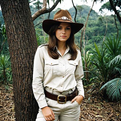 Woman in Safari Outfit with Cowboy Hat in Jungle