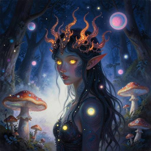 Enigmatic Forest Nymph in Glowing Mushrooms