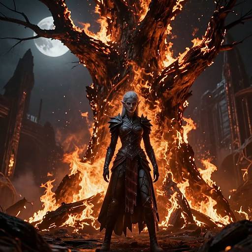 Digital fantasy artwork of a silver-haired warrior woman in dark armor standing before a blazing, fiery, ancient tree under a full moon.