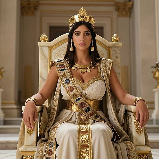 Digital artwork of a regal woman with dark hair, wearing an ornate golden crown, white and gold royal dress, and jewelry, seated on a