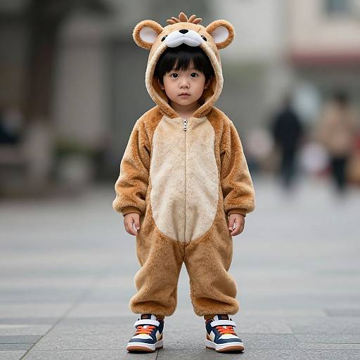 Photograph of a young Asian boy in a brown bear onesie with a hood, standing on a city sidewalk, wearing white sneakers with orange laces