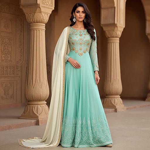 Photograph of an Indian woman with long black hair, wearing a turquoise lehenga with gold embroidery, white dupatta, and ornate earrings, standing