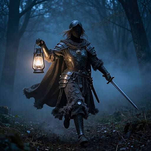 Mysterious armored warrior in dark forest, holding lantern and sword, illuminated by glowing light, misty blue background, medieval fantasy style.