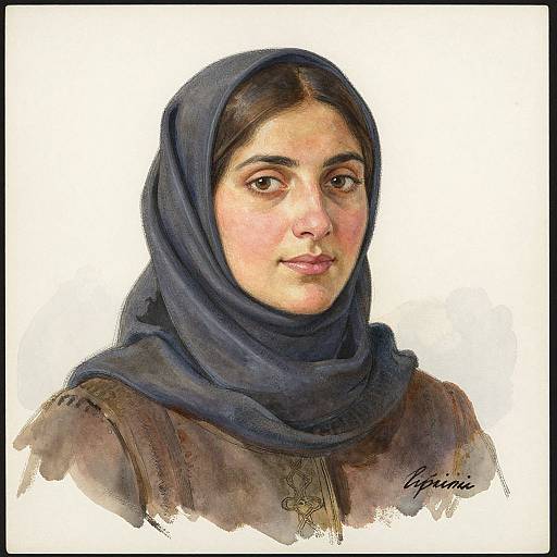 Realistic digital portrait of a young South Asian woman with dark hair, wearing a navy blue headscarf and brown garment, with soft, warm lighting