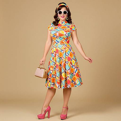 Photograph of a curvy woman in a colorful geometric-patterned dress, pink high heels, round sunglasses, holding a beige handbag, with a