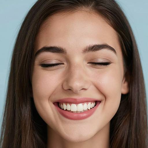 Photograph of a smiling young woman with closed eyes, straight brown hair, fair skin, and full teeth against a light blue background.