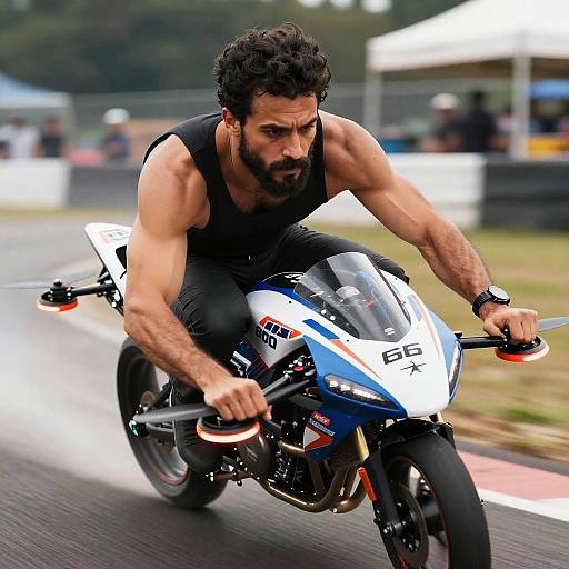 Photograph of a muscular, bearded man with curly hair in a black tank top, riding a blue and white racing motorcycle on a wet racetr