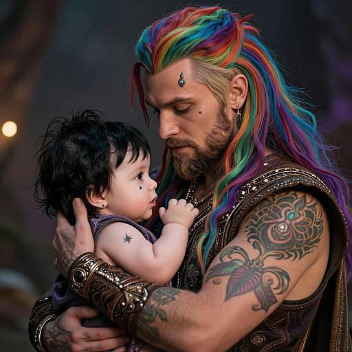 Photograph: Tattooed man with vibrant rainbow hair, holding baby with black hair and star tattoo, both gazing downward in dim light.
