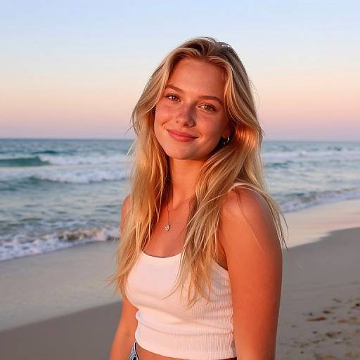 Photograph of a smiling blonde woman with long hair, wearing a white tank top, standing on a beach at sunset with waves in the background.