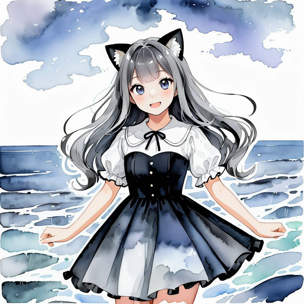 Playful Young Catgirl in Watercolor Style