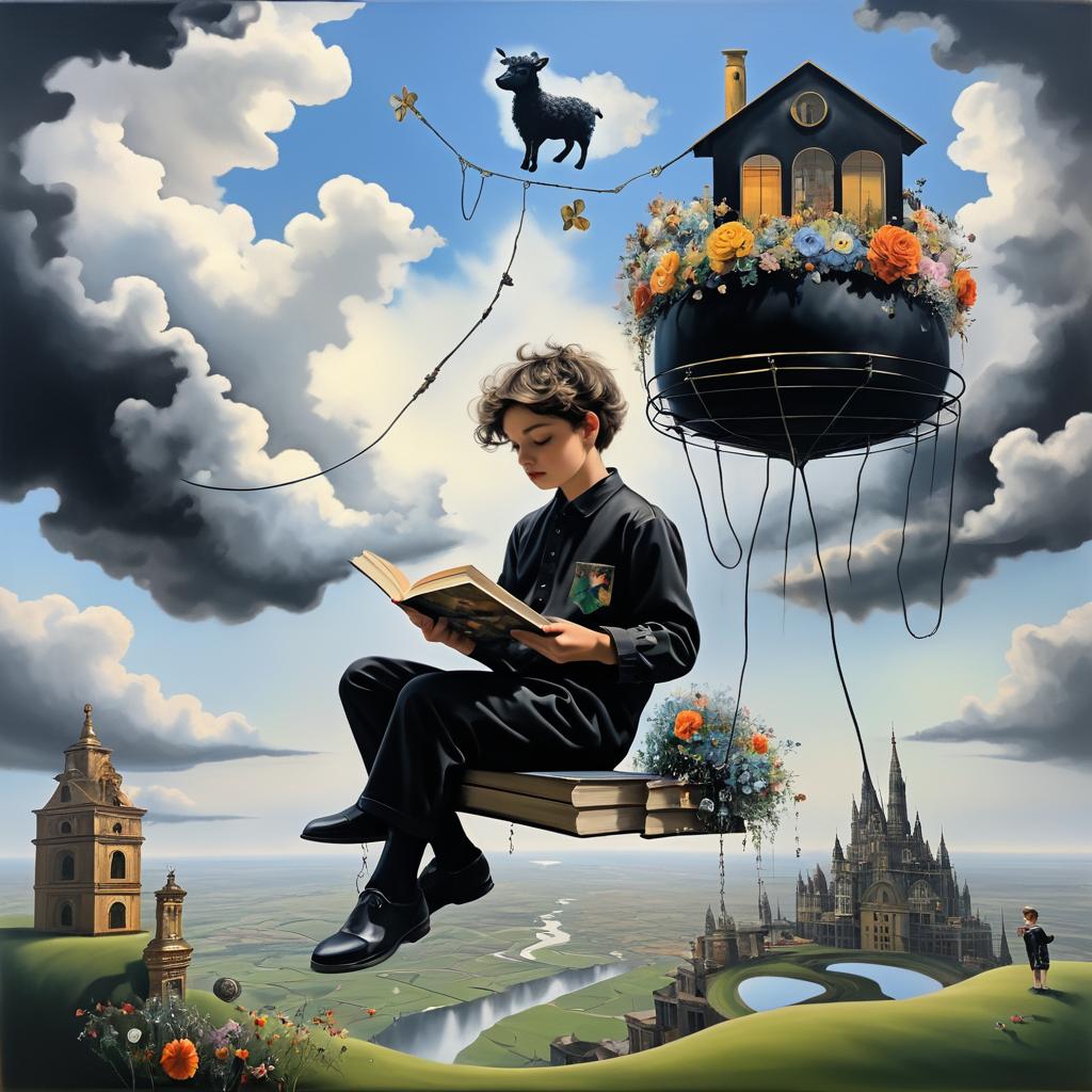 Surreal Boy on Wire Reading in Clouds