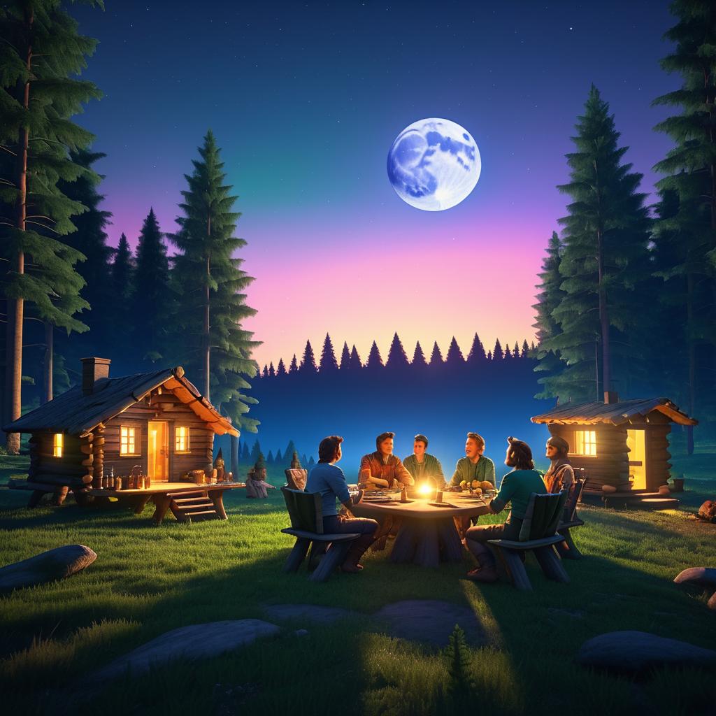 Vibrant Forest Cabin Gathering at Sunset