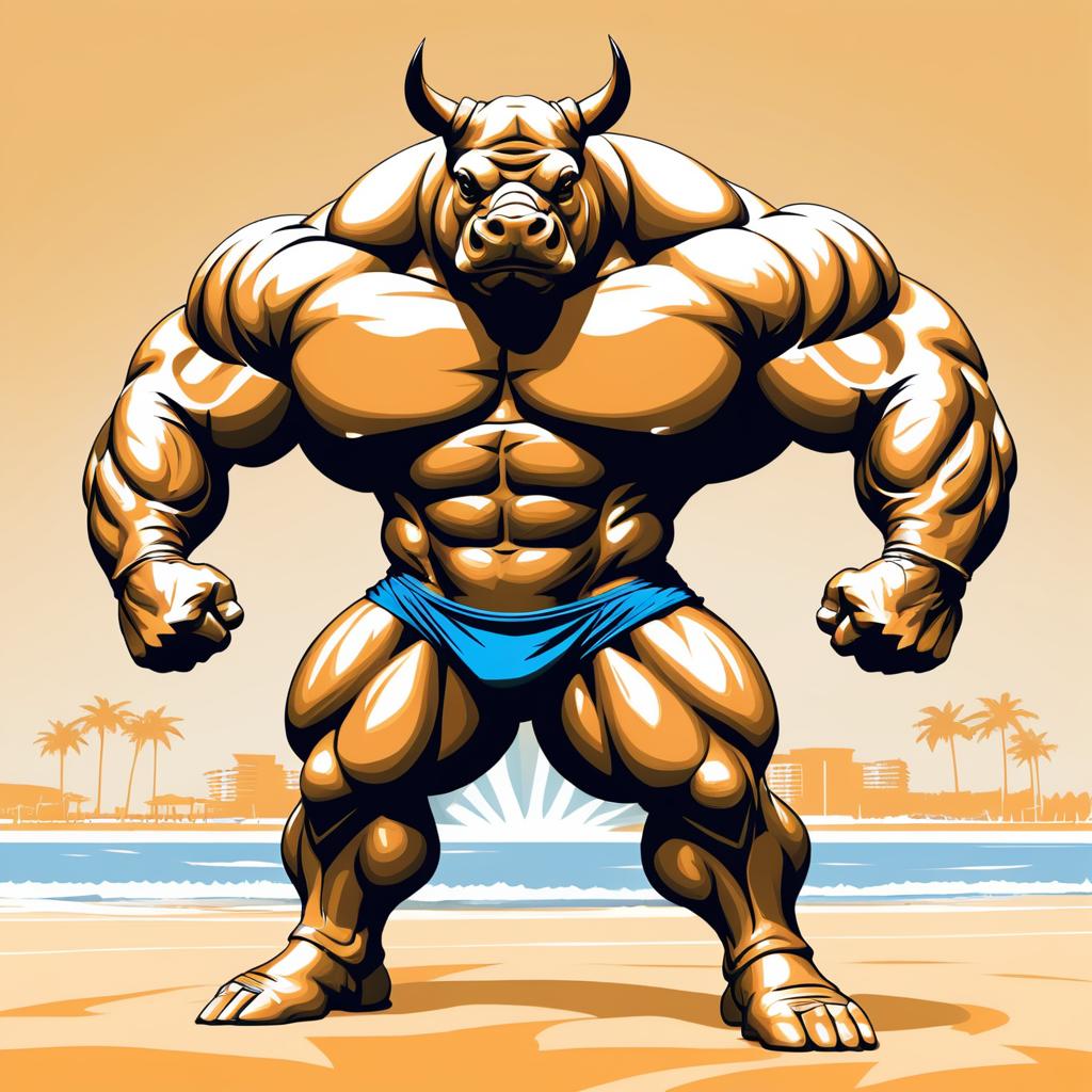 Powerful Rhinoceros Bodybuilder on Beach