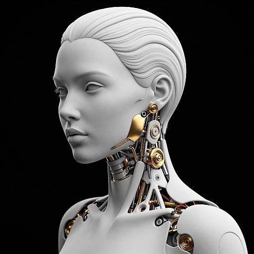 Digital CGI of a white-haired, silver-skinned, female humanoid robot with intricate gold and silver mechanical neck and ear details against a black background.