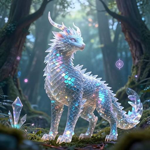 Photorealistic CGI of a glowing, crystalline dragon with iridescent scales standing in a mystical forest, surrounded by ethereal light orbs and crystals