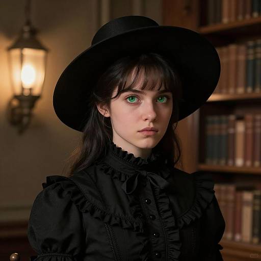 Young Woman in Black Victorian Dress and Hat