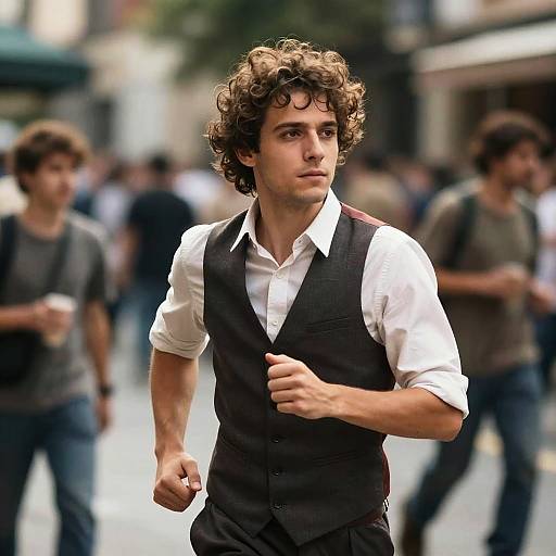 Photograph of a handsome young man with curly brown hair, wearing a white shirt and black vest, running through a bustling urban street with blurred pedestrians in