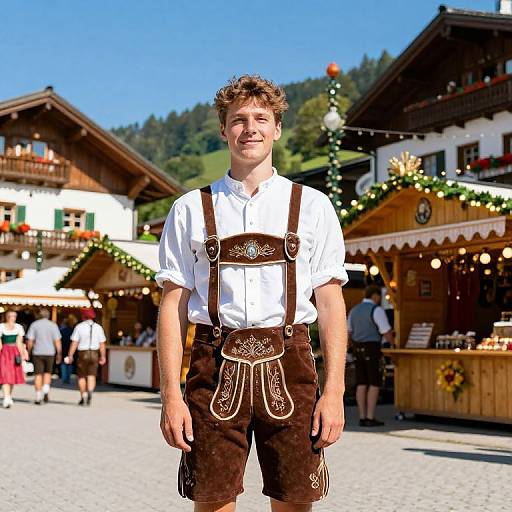 Young man with curly brown hair, white shirt, brown leather suspenders, and traditional Bavarian shorts standing in a sunny, festive village market.