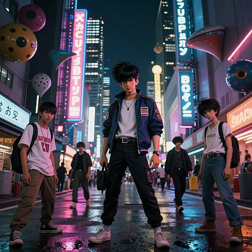 Neon-lit cyberpunk street scene: three young men, one in a navy jacket, others in white shirts and jeans, stand confidently on a