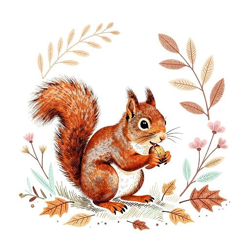 Whimsical Red Squirrel Linocut Print