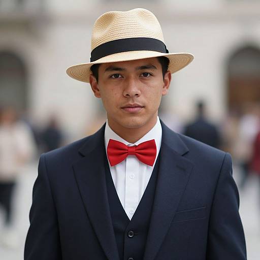 Photograph of a young man with medium skin tone, wearing a straw hat, black suit, white shirt, and red bow tie, standing in a