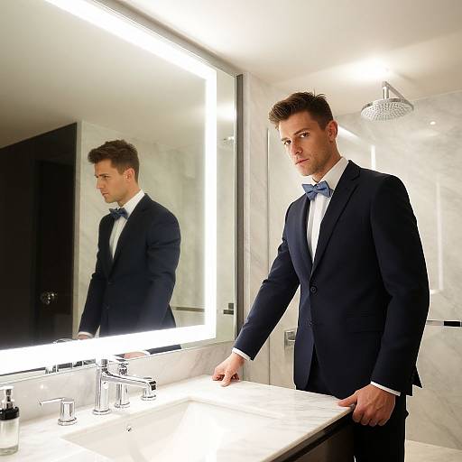 Photograph of a handsome, fit man in a black suit, white shirt, and blue bow tie, standing in a modern, brightly lit bathroom,