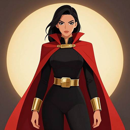 Digital illustration of a confident woman with black hair, wearing a red cape, black bodysuit, and gold belt and cuffs, standing against a glowing