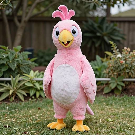 Photograph of a pink and white fuzzy bird costume with yellow feet and beak, standing on grass in a garden.