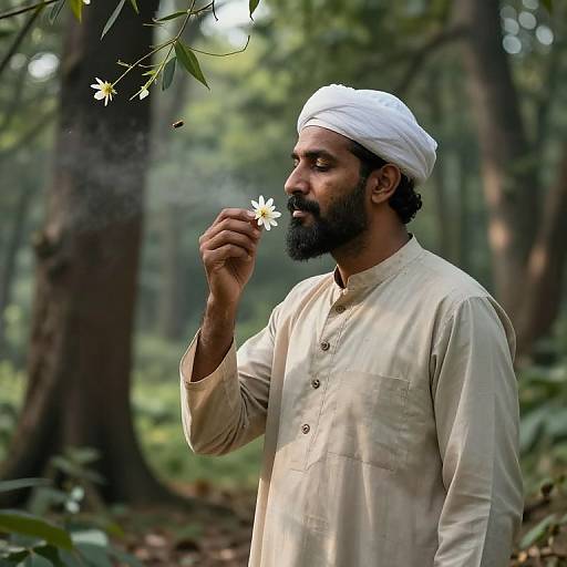 Photograph of a bearded South Asian man in a white turban and long cream shirt, gently smelling a white daisy in a lush, sun