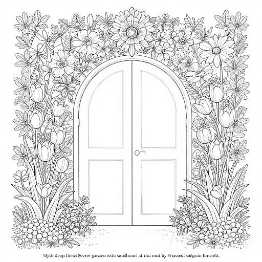 Black-and-white line drawing of a floral archway surrounding a wooden door, featuring tulips, daisies, and assorted flowers. (C)
