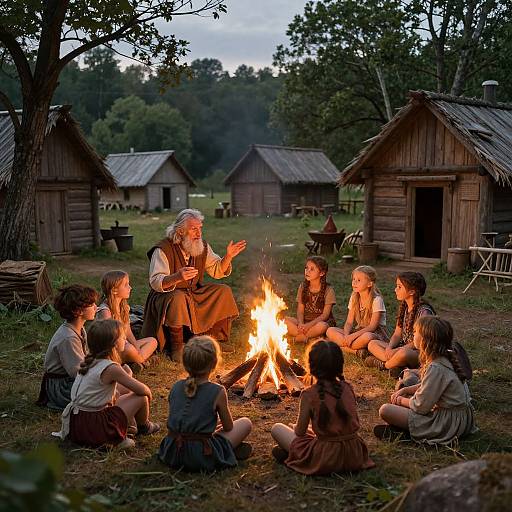 Photograph of elderly man telling stories to six children around a campfire, surrounded by rustic wooden cabins in a forest clearing at dusk.