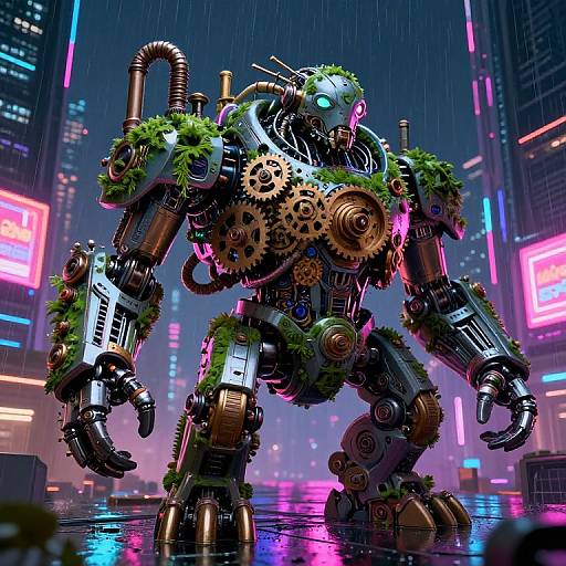 Cybernetic robot with greenery, gears, and neon lights stands in a rainy, neon-lit city street at night. Digital art style