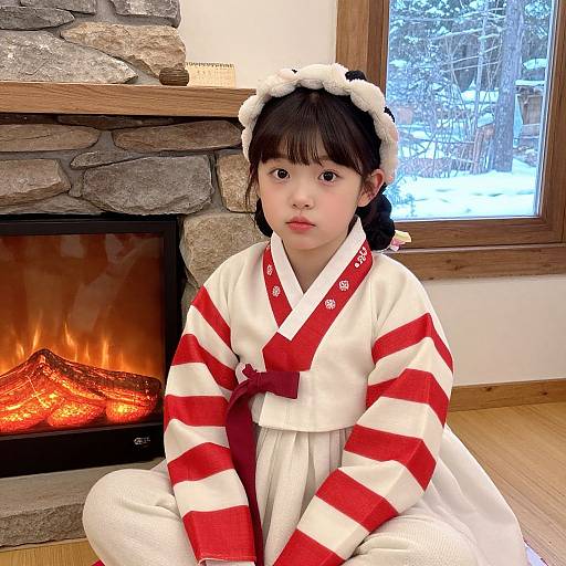 Photograph of an Asian girl with black hair, wearing a red and white striped kimono, white headband, and white pants, sitting by a
