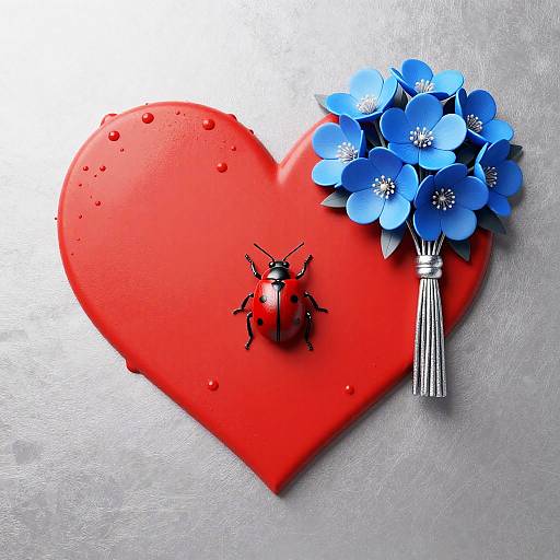 Red Heart with Blue Bouquet and Beetle
