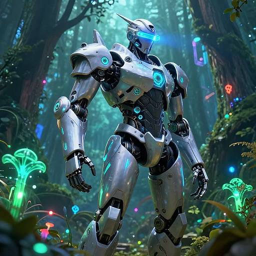 CGI image of a futuristic, silver and black robotic warrior with glowing blue accents, standing in a luminescent, enchanted forest.