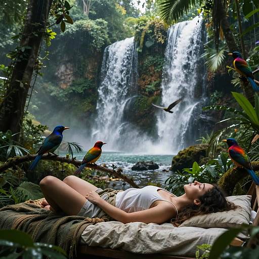 Photograph of a woman in a white tank top, lying on a pillow in a lush jungle, surrounded by colorful birds, with a waterfall in the