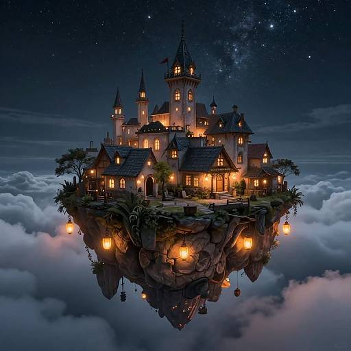Fantastical, illuminated castle floating on a rocky island amid clouds, with warm lanterns glowing against a starry night sky. Digital art.