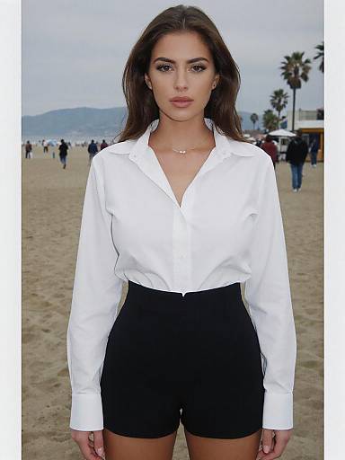 Photograph of a brunette woman with long hair, wearing a white button-up shirt and black high-waisted shorts, standing on a beach with palm
