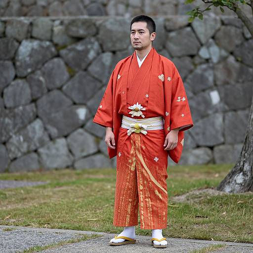 Photograph of a young Asian man in a bright red traditional Japanese kimono with white floral patterns, white socks, and yellow-striped hakama, standing