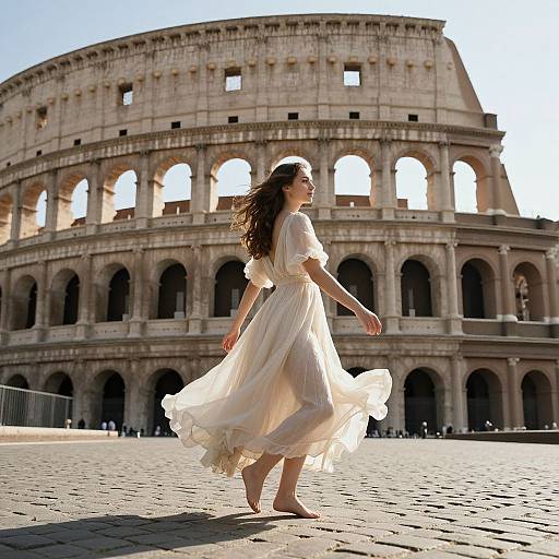 Photograph of a young woman with long brown hair in a flowing white dress, walking barefoot in front of the Colosseum at sunset,