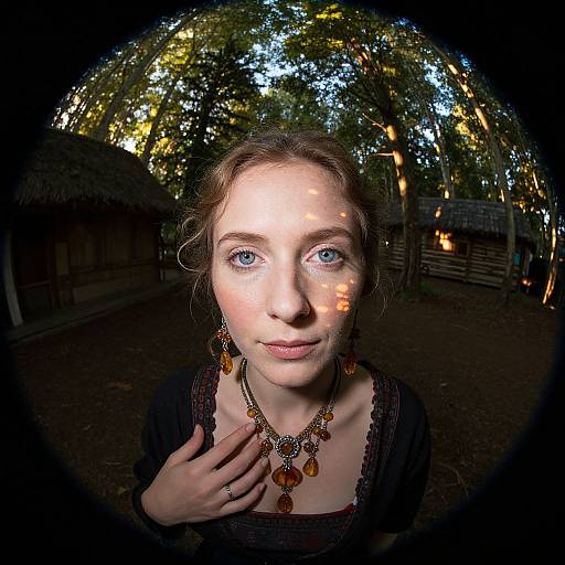 Photograph of a young woman with fair skin, blue eyes, and brown hair, wearing a black top and orange jewelry, standing in a forest,