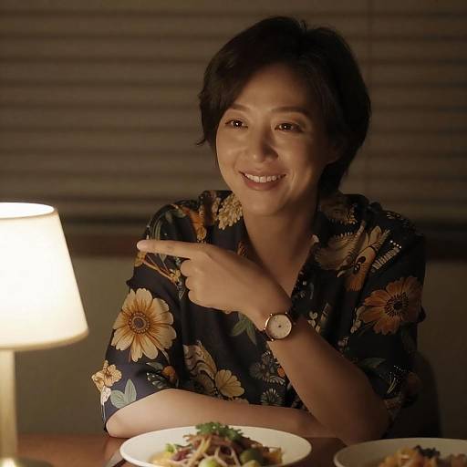 Joyful Asian Woman with Food Display