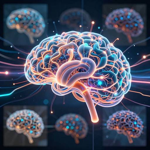 Digital illustration of a glowing, neon-lit human brain with intricate blue, orange, and white neural connections against a dark, cosmic background featuring multiple smaller