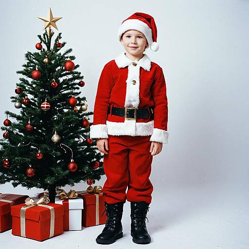 Boy in Santa Costume by Christmas Tree
