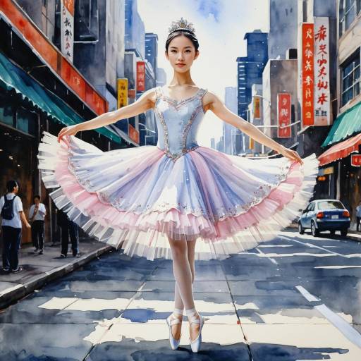 East Asian Ballerina in Classical Tutu on Urban Street