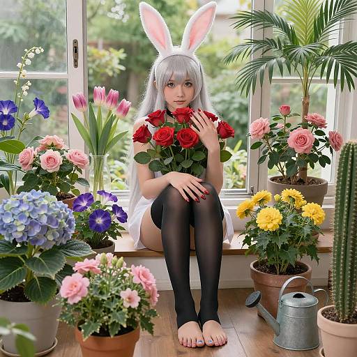 Rabbit Girl Surrounded by Flowers