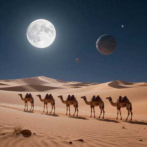 Photograph of a starry night sky with a full moon, two planets, and five camels with saddles walking in a sandy desert.