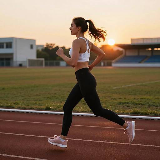 Fit Woman Running at Sunset Track