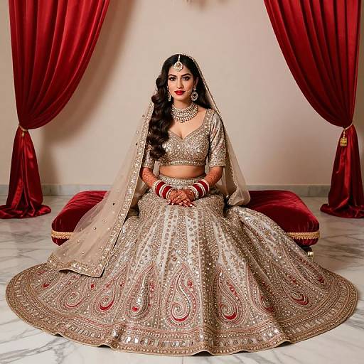 Photograph of a South Asian bride in a gold and red embroidered lehenga, veil, and jewelry, seated on a red velvet cushion, with red