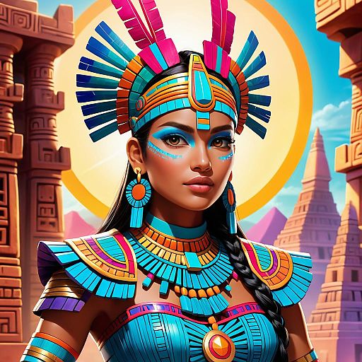 Woman in Vibrant Aztec Headdress and Jewelry